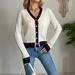 Women's V-Neck Button Cardigan - Preppy Contrast Trim Knit Sweater For Autumn Layering In White/Grey/Navy_ecoleips.com