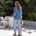 Women's V Neck Top And Straight Striped Casual Trousers Clothing Set_ecoleips.com