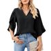 Summer Women's Fashion Solid-Color Blouse With Loose V-Neck And Chiffon Fabric_ecoleips.com