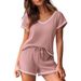 Women's Clothing Waffle Short Sleeved Shorts Casual Suit V Neck Top Shorts Home Clothes_ecoleips.com