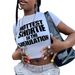 American Retro Basic Letter Short Sleeved T Shirt, Summer Women's Sexy Slim Fit, Off Shoulder, Cropped Top, Versatile._ecoleips.com