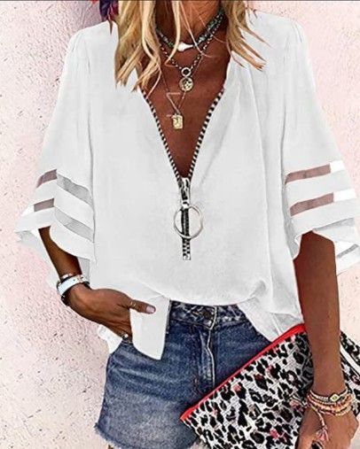 2022 New European American V-neck Zipper With Half Bell Sleeves And Mesh Splicing, Loose Casual Shirt For Women_ecoleips.com