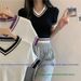 Spring/Summer Women's Slim Fit High Waisted Knit T-Shirt Short Sleeve Color Block French Style Sweet And Spicy Top_ecoleips.com