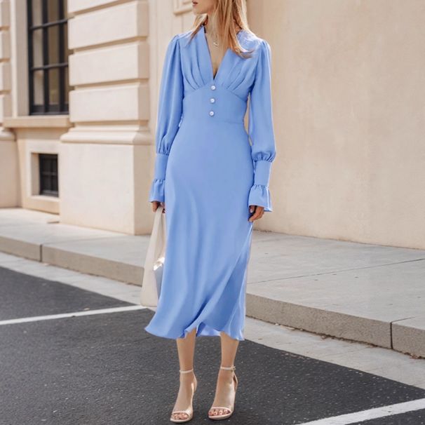 Voya Commuting Style Pleated Deep V-Neck With Twist Button Decoration, Waist-Cinching Lantern Sleeves, Elegant A-Line Dress_ecoleips.com