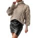 Chunky Knit High Neck Sweater – Oversized Winter Pullover For Women (White/Camel, S/M/L/XL)_ecoleips.com