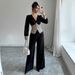 Women's V Neck Short Sleeved Top Elegant Solid Color Wide Leg Pants Two Piece Set Autumn Winter Fashion plus Size Available_ecoleips.com