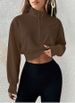 Spring And Autumn Versatile Brown Short Sweater Women, Stand-up Collar Zipper Retro Style, Loose Casual Sports Top_ecoleips.com