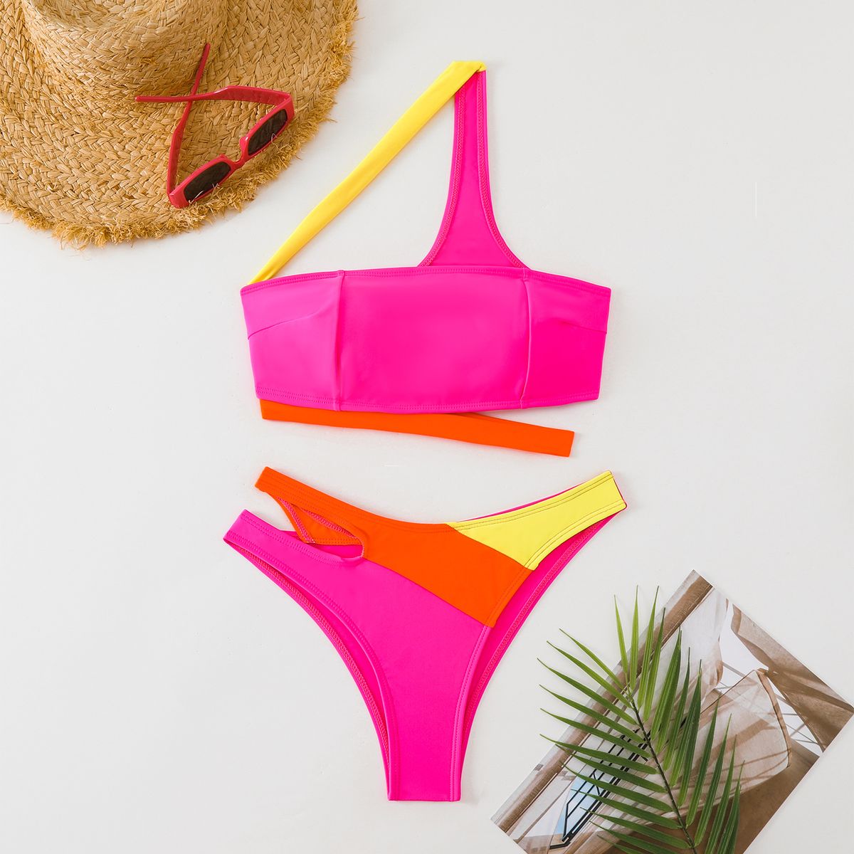 European American Style One Shoulder Color Block Bikini Set High Waisted Swimsuit Sexy Hollow out Two Piece Summer Vacation Swimwear_ecoleips.com
