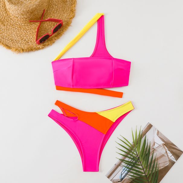 European American Style One Shoulder Color Block Bikini Set High Waisted Swimsuit Sexy Hollow out Two Piece Summer Vacation Swimwear_ecoleips.com