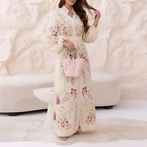 Women's Printed Dress Spring New Arrival Lantern Sleeve Slim Waist Tie Waist Tassel European And American Style_ecoleips.com