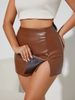 K PU Leather Half Body Skirt Pants Sexy Front Slit Hip Hugging Short Skirt Pants For Women_ecoleips.com