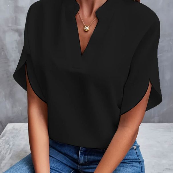 European And American Cross-Border Trade Women's Fashion 2025 Summer Casual Solid Color V-Neck Loose Shirt Top_ecoleips.com