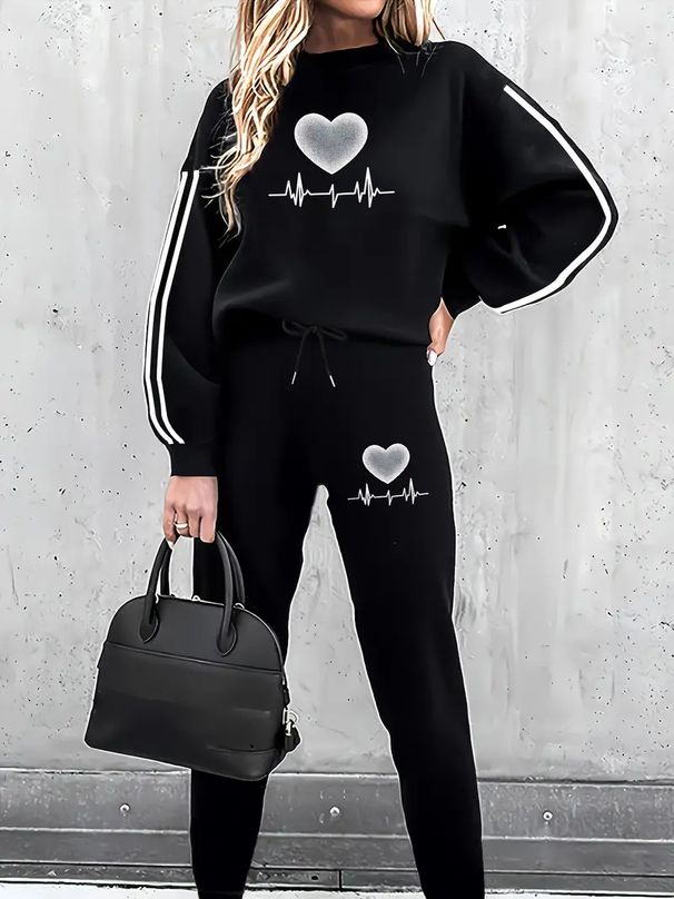 Women's Printed Long-Sleeve Hoodie & Jogger Set – Trendy Casual Loungewear With Floral & Heart Patterns, Soft Polyester Blend (White/Black)_ecoleips.com
