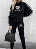 Women's Printed Long-Sleeve Hoodie & Jogger Set – Trendy Casual Loungewear With Floral & Heart Patterns, Soft Polyester Blend (White/Black)_ecoleips.com