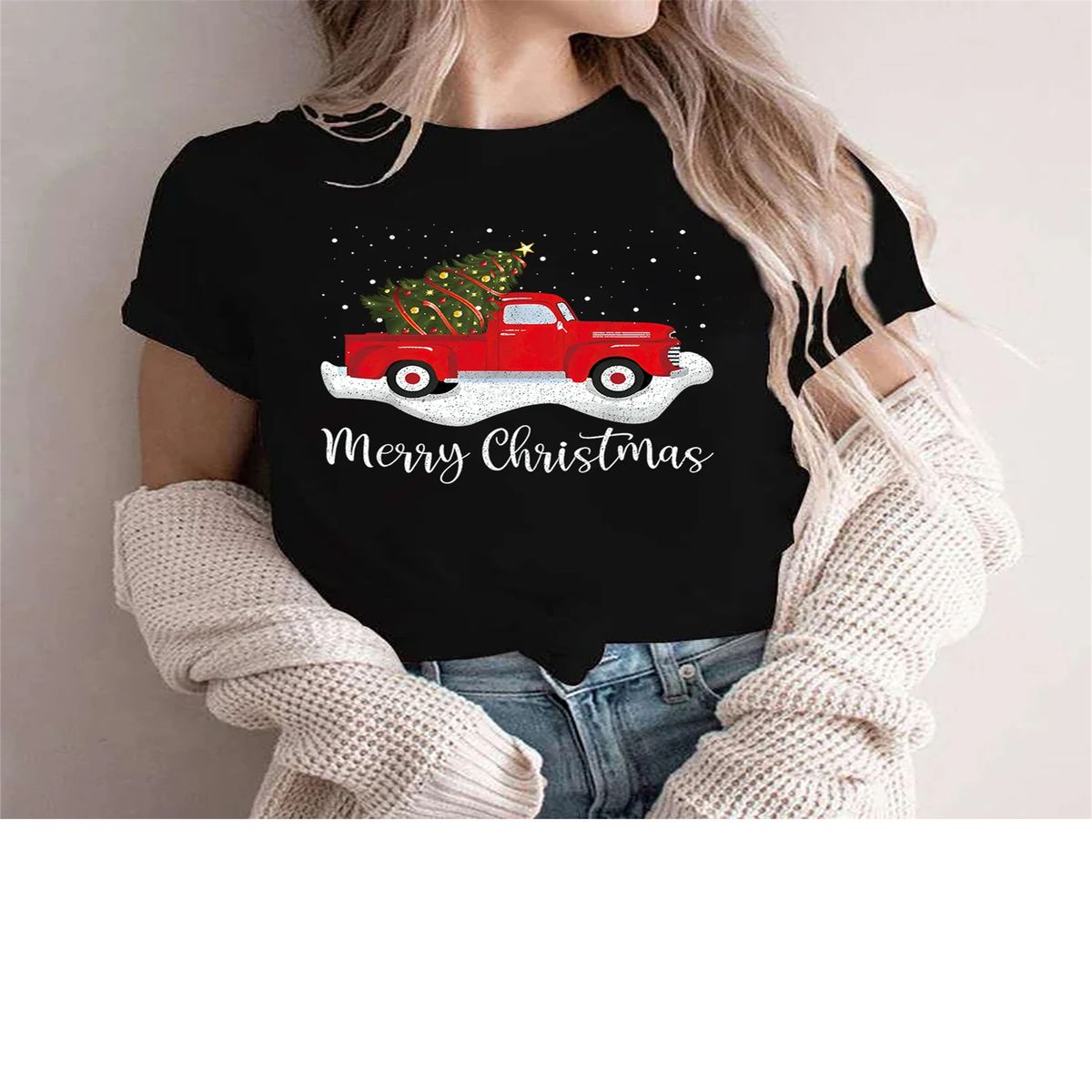 WoWoWomen's Christmas Merry Christmas Printed T-Shirt Red Car With Christmas Tree Graphic T Shirt Lovely Cute Tee Topsss._ecoleips.com