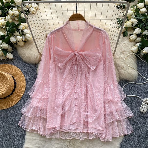 Women's French Style Lace Blouse Red Bow Long Sleeve Loose Fit Elegant Top for Spring Autumn Youthful Gentle Fashion_ecoleips.com