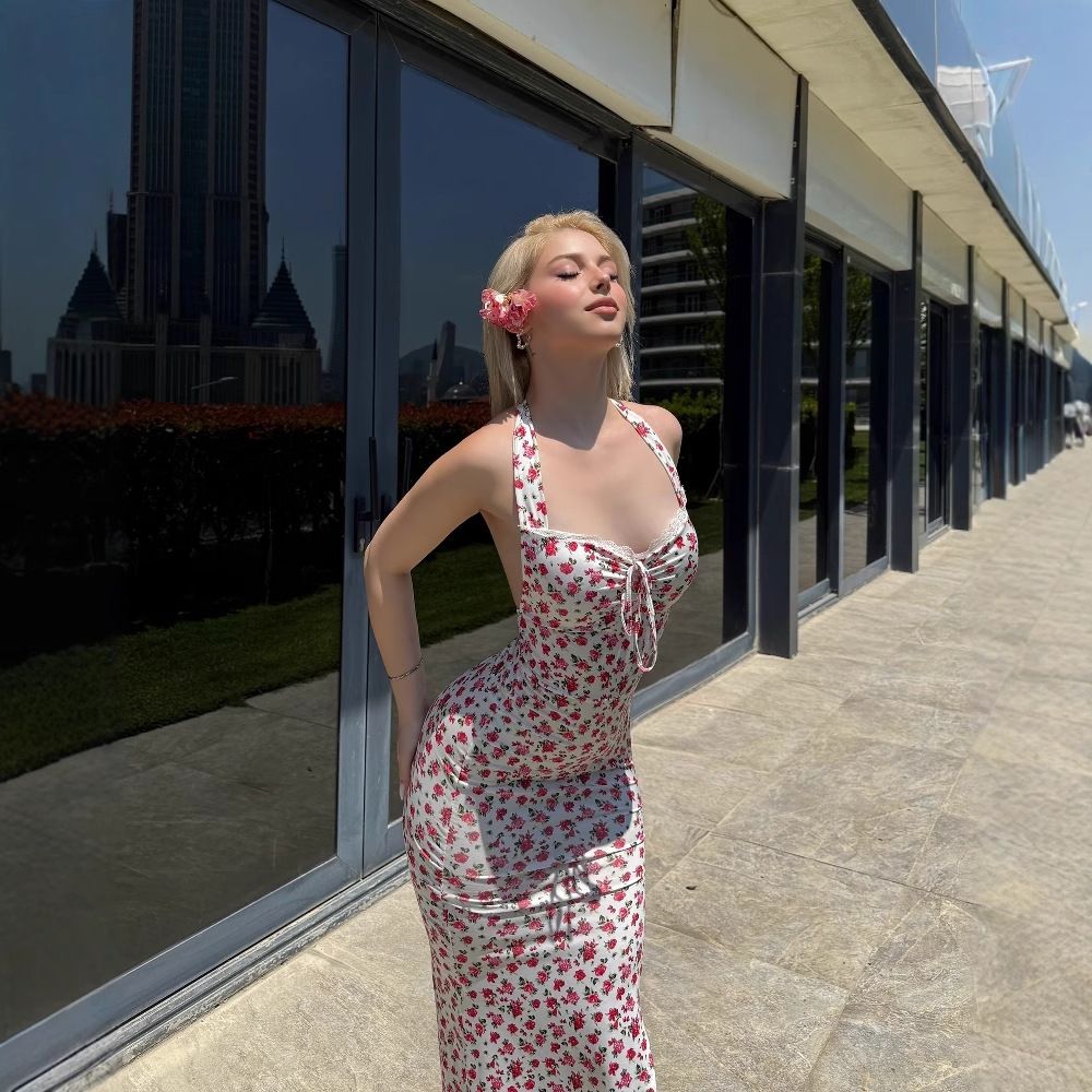 Cross-border European And American Style 2025 Summer New Women's Clothing Sexy Fashion Floral Lace-up Backless Slim-fit_ecoleips.com