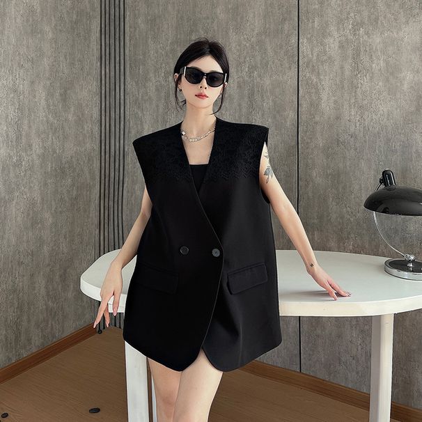 Black Women's Summer Suit Vest, High-end, Loose-fitting, Sleeveless, With Lace Inserts, Stylish And Trendy_ecoleips.com