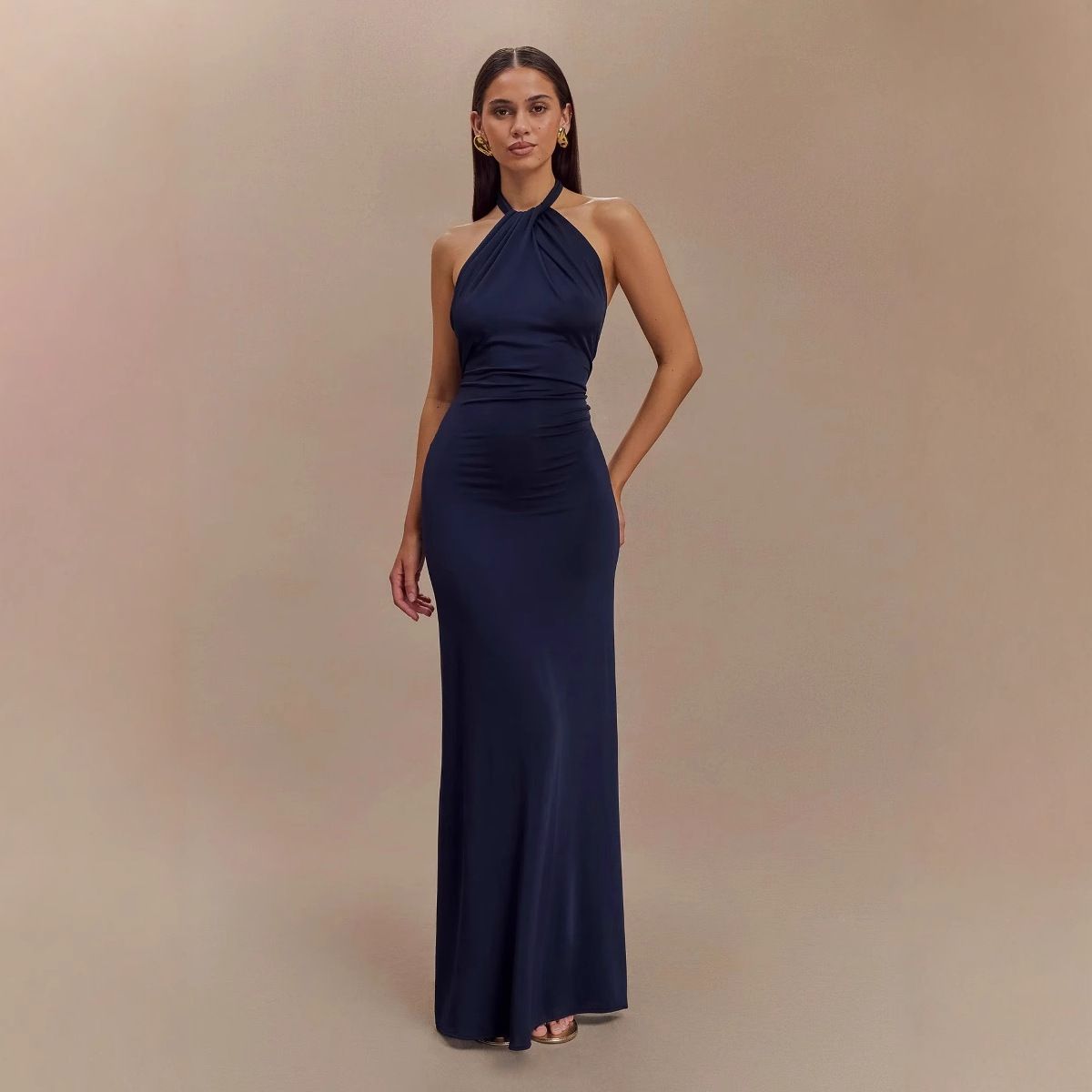 Women's Halter Neck Backless Bodycon Dress – Elegant Solid Color Slim-Fit Maxi Gown For Evening & Special Occasions_ecoleips.com