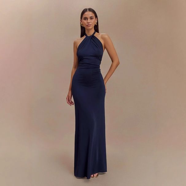 Women's Halter Neck Backless Bodycon Dress – Elegant Solid Color Slim-Fit Maxi Gown For Evening & Special Occasions_ecoleips.com
