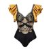 Women's Black Gold Printed Ruffled One Piece Swimsuit New Popular Swimwear_ecoleips.com