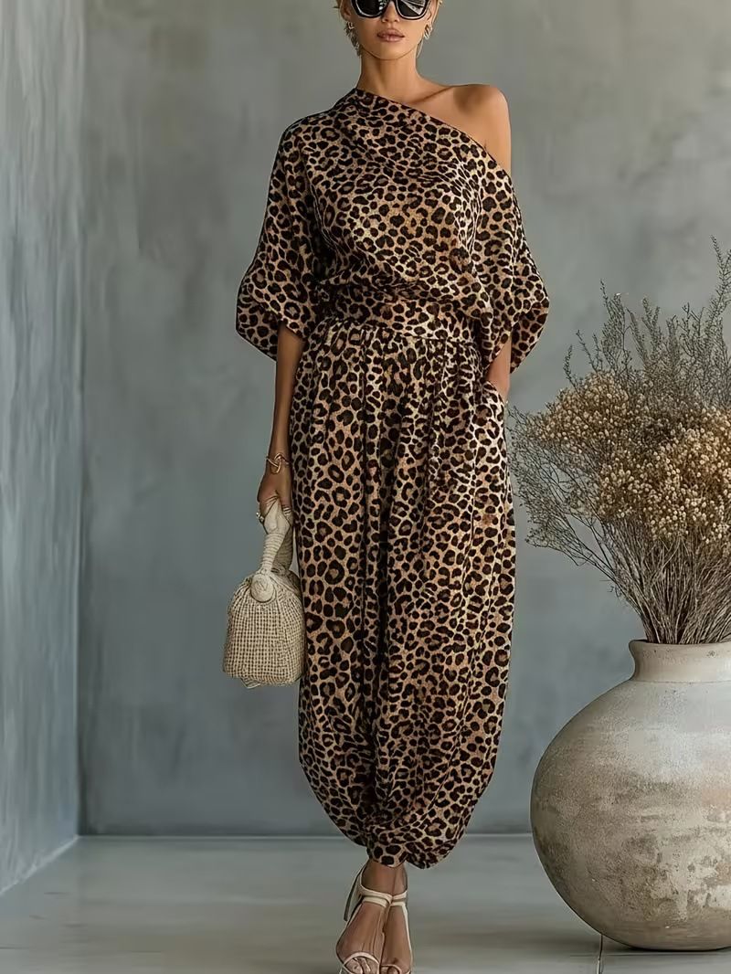 Leopard Print Suit for Women Off-Shoulder Top And Lantern Pants European American Style Independent Website Bestseller Summer Fashion_ecoleips.com