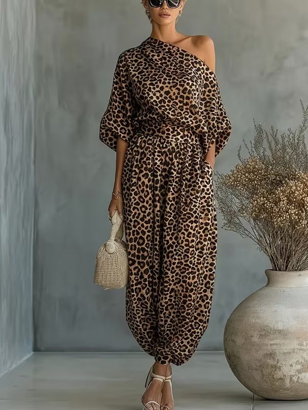 Leopard Print Suit for Women Off-Shoulder Top And Lantern Pants European American Style Independent Website Bestseller Summer Fashion_ecoleips.com