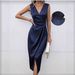 Women's Clothing Elegant V-Neck Satin Slit Dress – Stretch Fit Party Midi Dress (Navy Blue, S-XL)_ecoleips.com