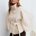 Elegant Women’s Cape Coat With Stand Collar & Belt – Stylish Polyester Trench For Fall & Winter (Khaki, White, Black, Navy, Brown)_ecoleips.com