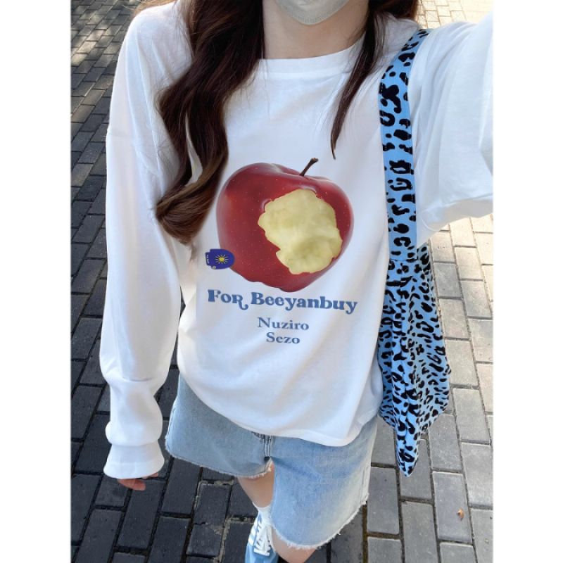 Autumn And Winter Casual Printed Long-Sleeved Loose, Versatile, Slimming Round-Neck Base Layer T-Shirt Top For Women_ecoleips.com