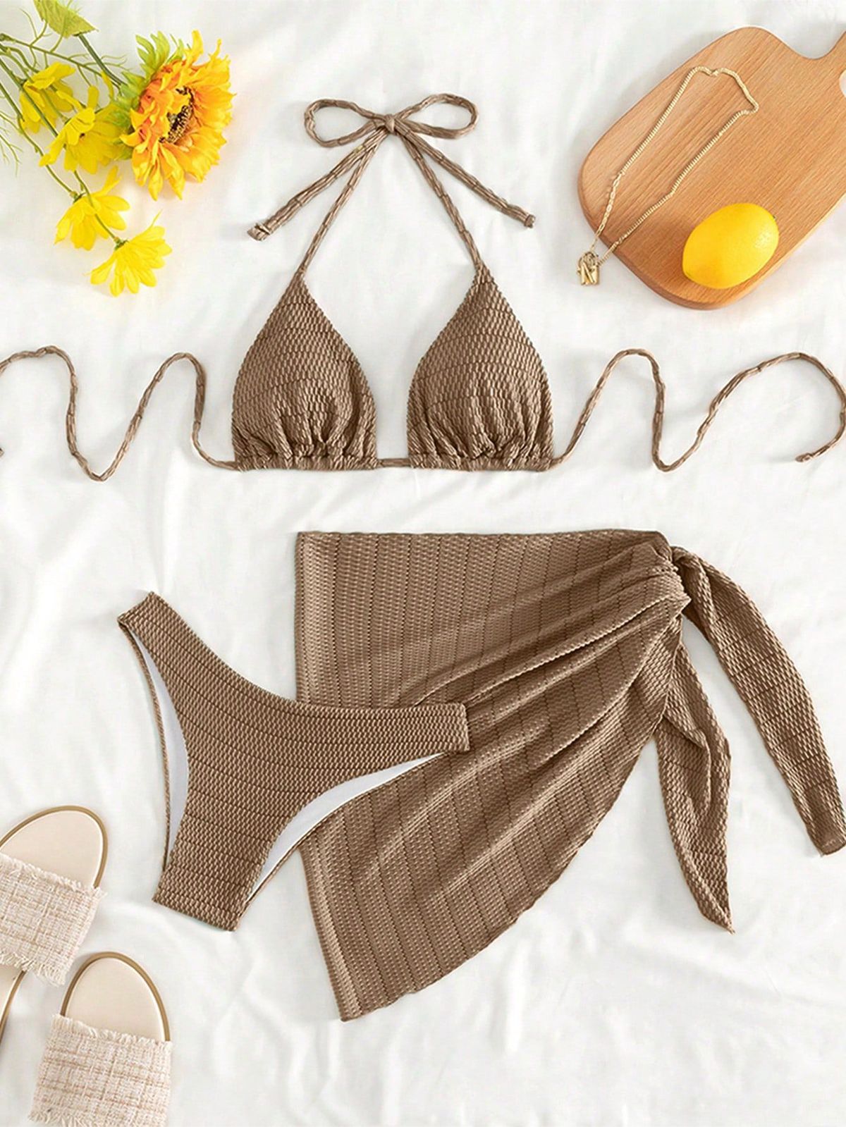 Women's Three Piece Bikini Set Tie-Up One Piece Swimsuit With Sunshade Skirt Sexy Vacation Swimwear_ecoleips.com