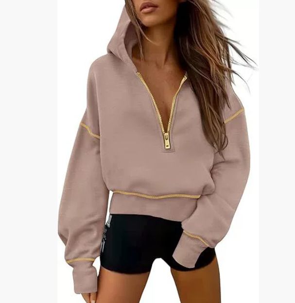 Women's Half-Zip Hooded Sweatshirt Long Sleeve Casual Pullover Loose Fit Fashionable Streetwear Soft Fleece Comfortable Sportswear_ecoleips.com