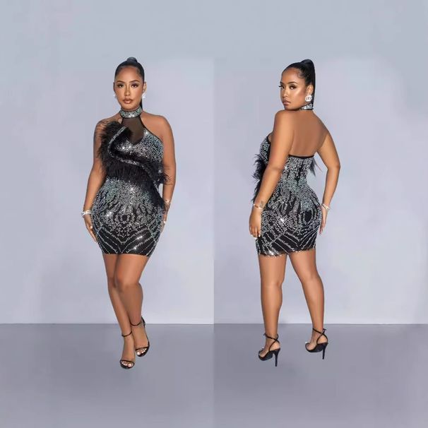 Women's Clothing Women's Fashion Short Skirt Solid Color Hips Mesh Rhinestone Feather Detail For Formal & Casual For Women_ecoleips.com