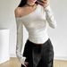 WG027 Cross-border American-style Trendy Letter Rhinestone Embellished Off-shoulder Long-sleeve T-shirt With Pleats,_ecoleips.com