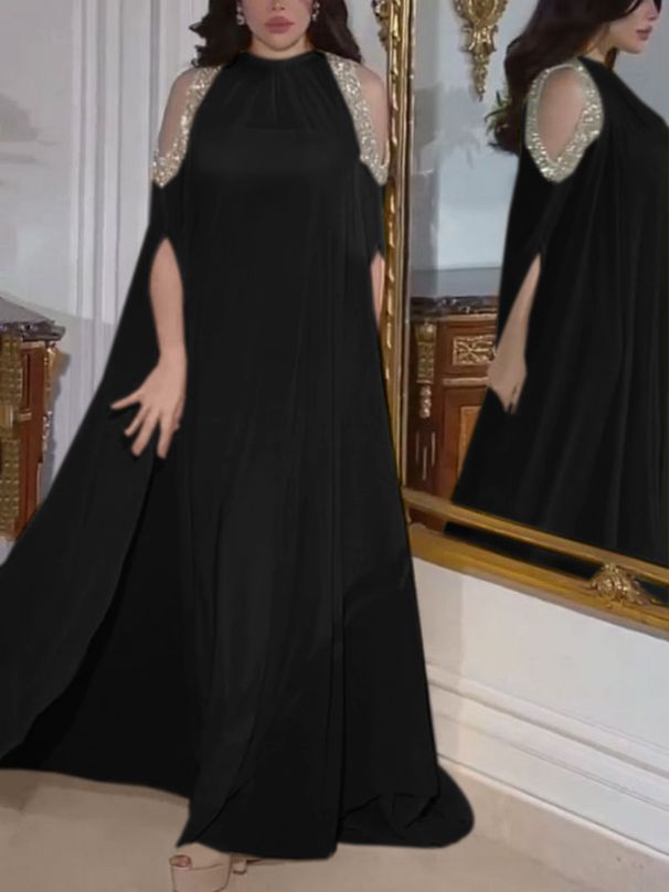 Verve Trade Muslim Celebrity Style Elegant Sequin Cape Batwing Sleeve Inner Tube Top Dress Two Pieces_ecoleips.com