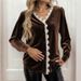 Elegant Vintage Velvet Blouse With V-Neck & Lace Trim - Fall/Winter Boho Chic Shirt For Women, Loose Fit With Puff Sleeves (Brown, S/M/L/Xl)_ecoleips.com