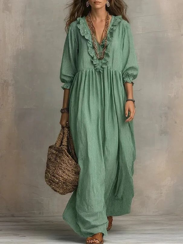 Women's Clothing Striped Ruffled Loose High Waisted V Neck Casual Fashion Dress For Women For Formal & Casual For Women_ecoleips.com