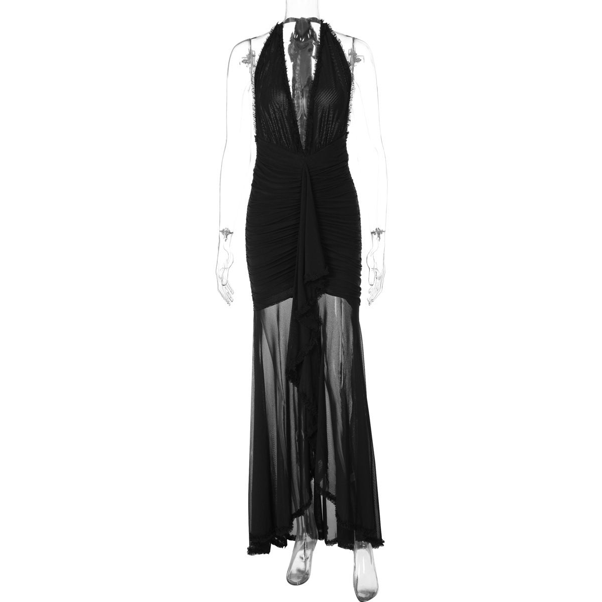 Elegant V-Neck Backless Evening Dress – Sheer Mesh & Bodycon Mermaid Gown For Women (Black/Wine Red, S/M/L)_ecoleips.com