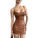 Women's Clothing Sexy Sling Waist Sexy Sleeveless PU Bodycon Mini Dress - Slim Fit, Square Neck, Leather Trim, Summer Staple (Black, Camel, Russet)_ecoleips.com