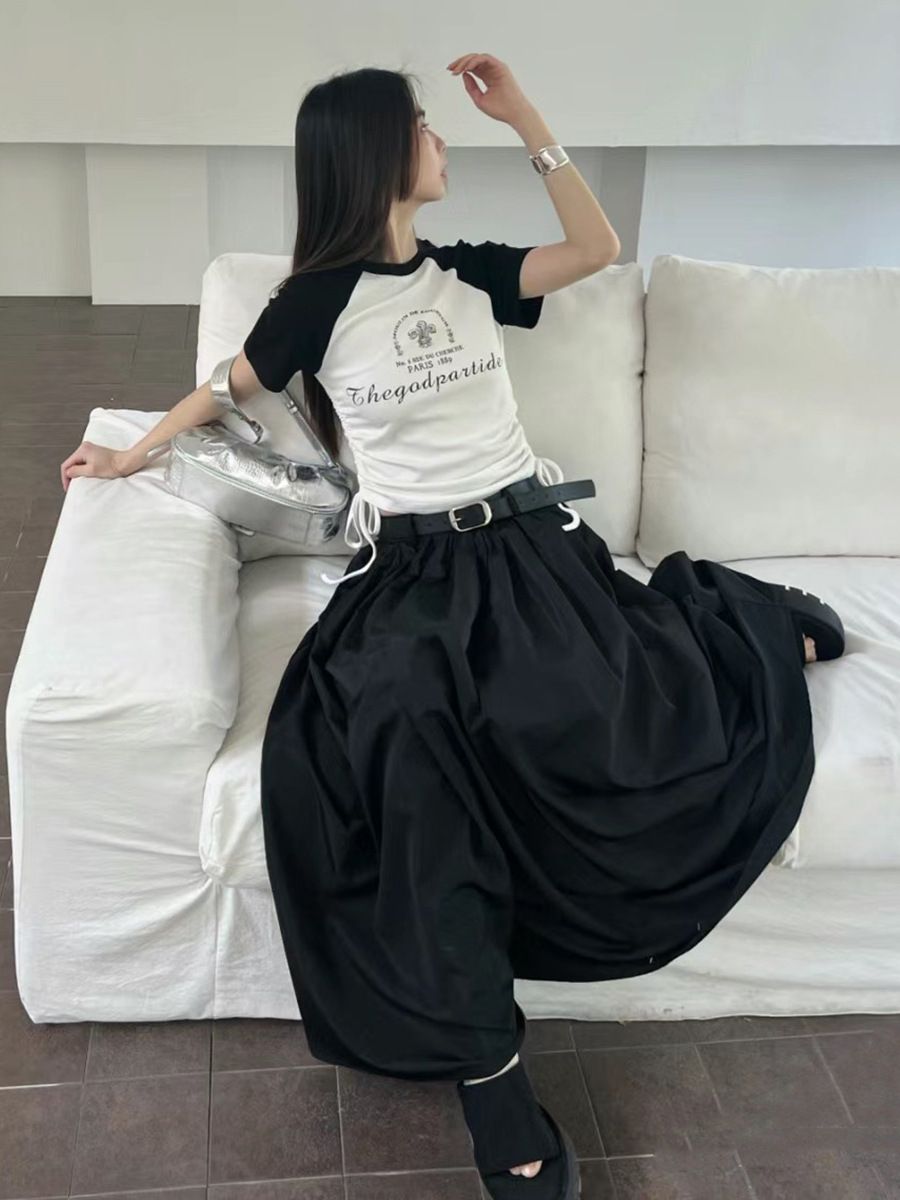 Verve MMFISH Casual Solid Color Pleated Loose Slimming Large Hem Slim Fit Mid-Length Skirt (With Belt) Q102_ecoleips.com
