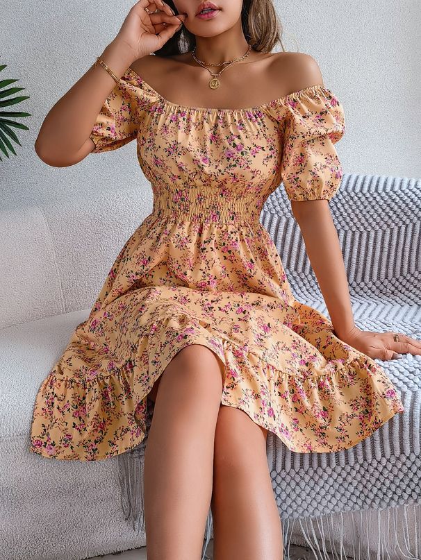 Women's Clothing Spring And Summer Floral Square Neck Short Sleeve Waist Ruffled A Line Skirt_ecoleips.com