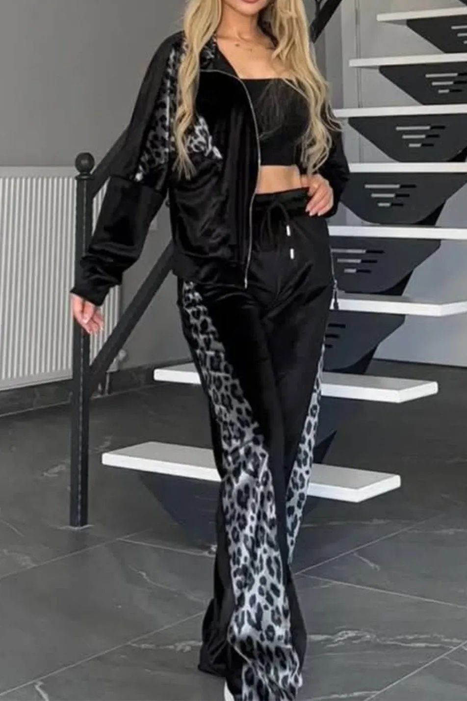 Women's Clothing New Leopard Print Contrast Trousers Long Sleeved Home Clothes Suit_ecoleips.com