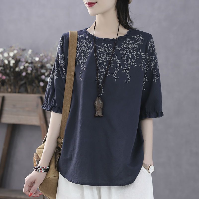 2026 Plate-Size Women's Clothing, Retro And Artistic, Floral Summer, Thin Lace Five-Sleeved Top, Lantern Short-Sleeved T_ecoleips.com