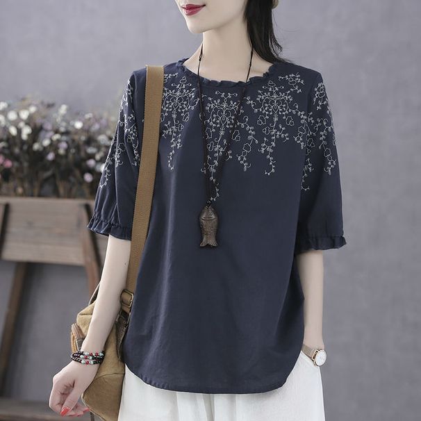 2026 Plate-Size Women's Clothing, Retro And Artistic, Floral Summer, Thin Lace Five-Sleeved Top, Lantern Short-Sleeved T_ecoleips.com
