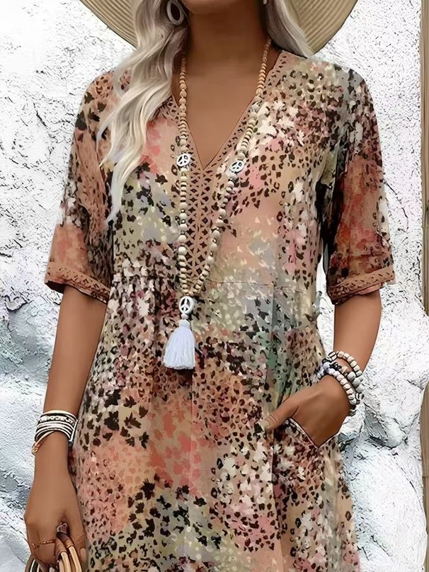 Floral Lace Trim V-Neck Short Sleeve Dress – Flowy Boho Print Sundress For Women In 6 Colors (Khaki/Blue/Fuchsia/Watermelon/Purple/Pink)_ecoleips.com