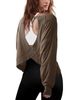 Women's American Style Loose Fitting Long Sleeved Backless Top Youthful Cutout Short round Neck T-Shirt Casual Fashion_ecoleips.com