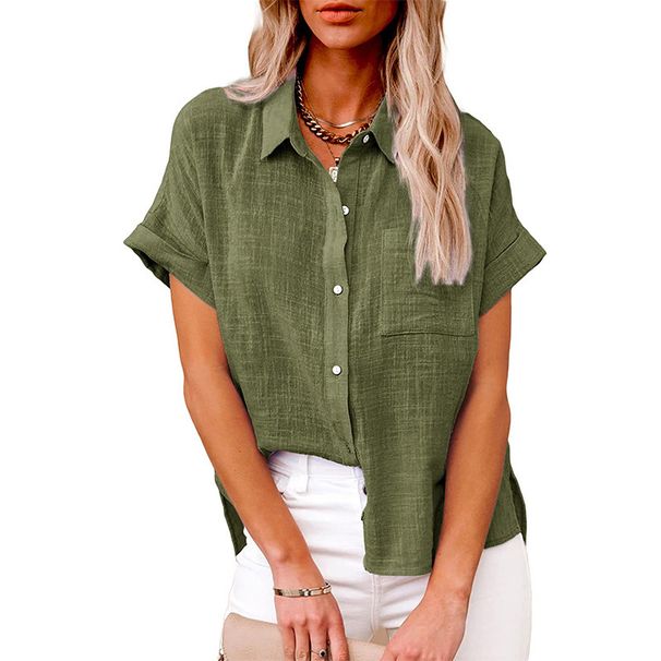 Women's Clothing Spring And Summer Tops Cotton And Linen Pocket Button Short Sleeved Shirt_ecoleips.com