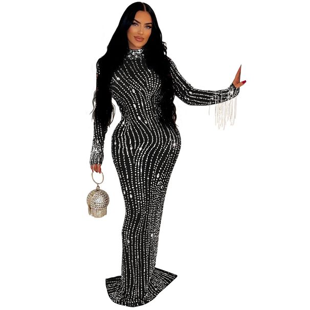 Women's Clothing Elegant Mesh Rhinestone Embellished Solid Color Long Dress Round Neck Long Sleeve Midi Dress Stretch Polyester Spandex Bodycon Dress_ecoleips.com