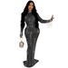 Women's Clothing Elegant Mesh Rhinestone Embellished Solid Color Long Dress Round Neck Long Sleeve Midi Dress Stretch Polyester Spandex Bodycon Dress_ecoleips.com