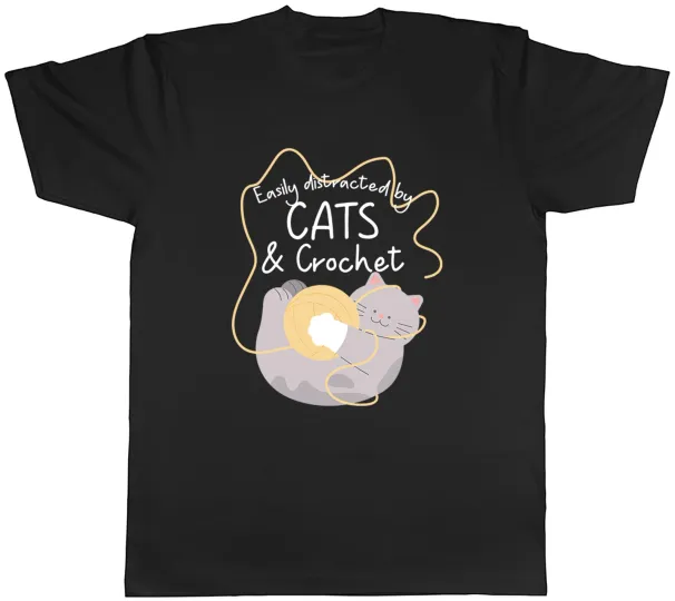 Women's T-Shirts Easily Distracted By Cats And Crochet Funny Mens T-Shirt Tee Gift Top_ecoleips.com